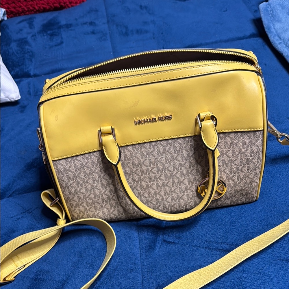 Michael Kors Yellow and Tan Satchel with Signature Monogram